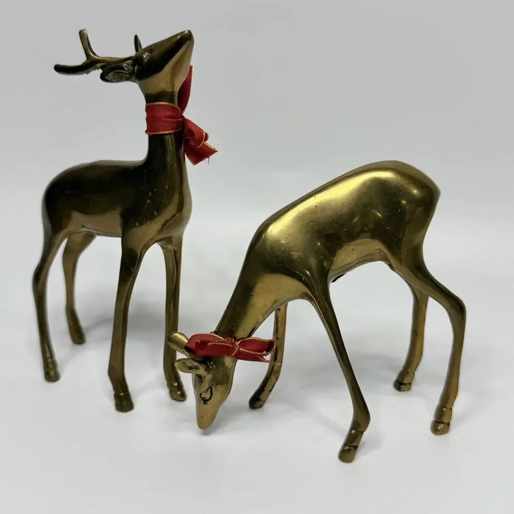 2 Vintage Brass Deer Figurines Buck Doe Reindeer Holiday Decor India MCM 6